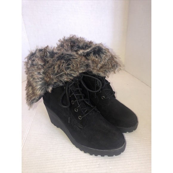 Rocket‎ Dog Wedge Lace Up Boots with Faux Fur Women's Black Size 10 - Picture 1 of 6